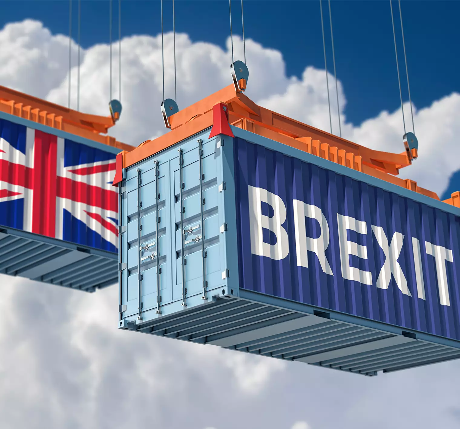 two shipping containers with brexit graphics on the front