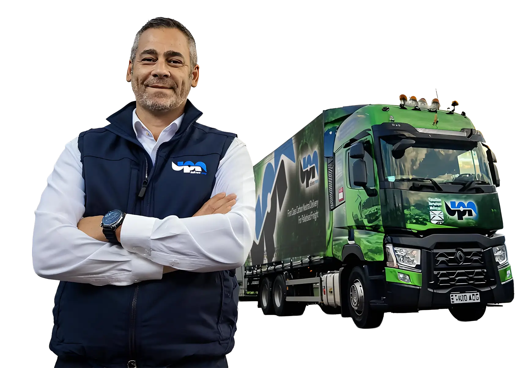 director standing in front of delivery truck